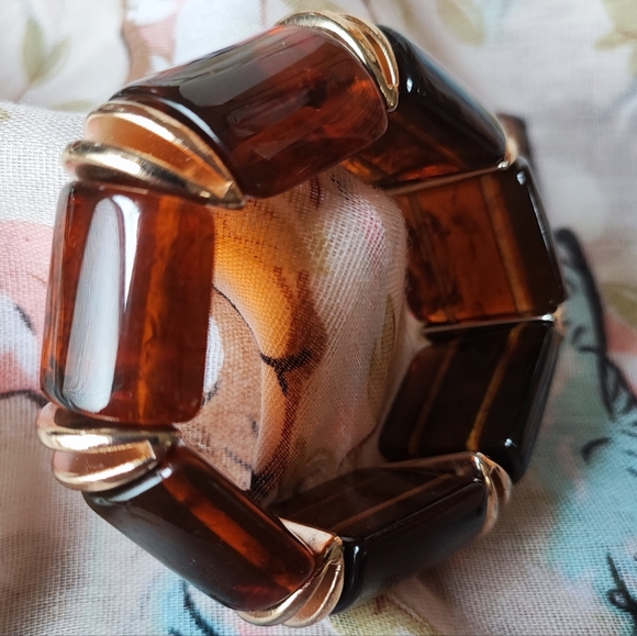 Thick Chunky Tortoise Segment Gold Tone Accents Stretch Vintage Bracelet EUC - Picture 1 of 8